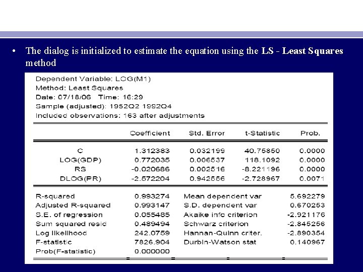  • The dialog is initialized to estimate the equation using the LS -