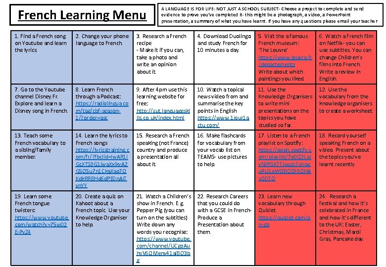 French Learning Menu A LANGUAGE IS FOR LIFE- NOT JUST A SCHOOL SUBJECT- Choose