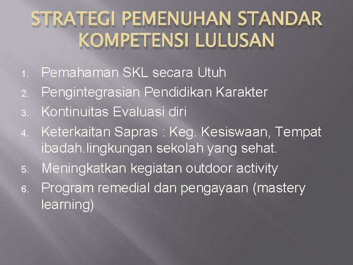 STRATEGI PEMENUHAN STANDAR KOMPETENSI LULUSAN 1. 2. 3. 4. 5. 6. Pemahaman SKL secara