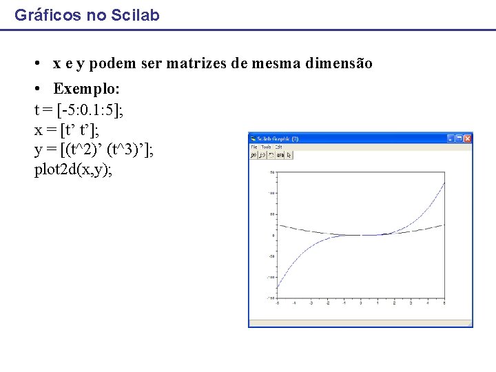 Gráficos no Scilab • x e y podem ser matrizes de mesma dimensão •