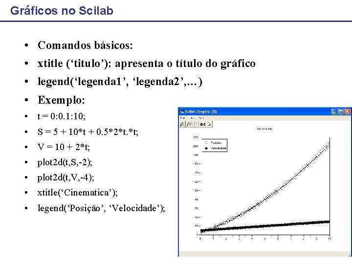 Gráficos no Scilab • Comandos básicos: • xtitle (‘titulo’): apresenta o título do gráfico