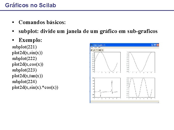 Gráficos no Scilab • Comandos básicos: • subplot: divide um janela de um gráfico