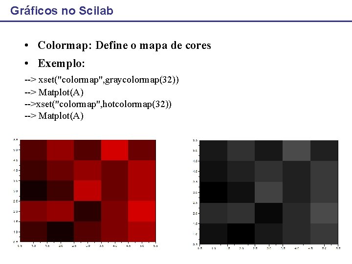 Gráficos no Scilab • Colormap: Define o mapa de cores • Exemplo: --> xset("colormap",