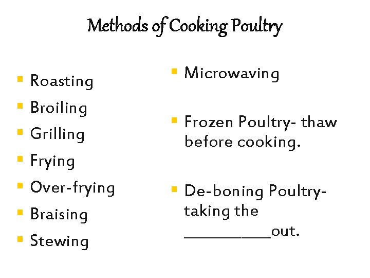 Methods of Cooking Poultry § Roasting § Broiling § Grilling § Frying § Over-frying