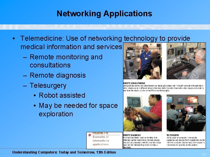 Networking Applications • Telemedicine: Use of networking technology to provide medical information and services