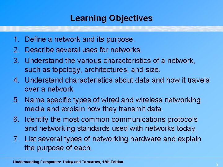 Learning Objectives 1. Define a network and its purpose. 2. Describe several uses for