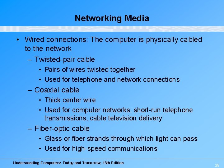 Networking Media • Wired connections: The computer is physically cabled to the network –