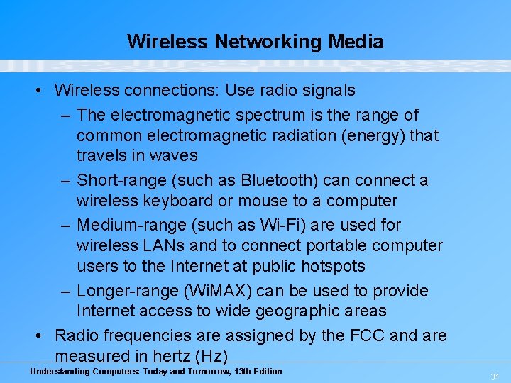 Wireless Networking Media • Wireless connections: Use radio signals – The electromagnetic spectrum is