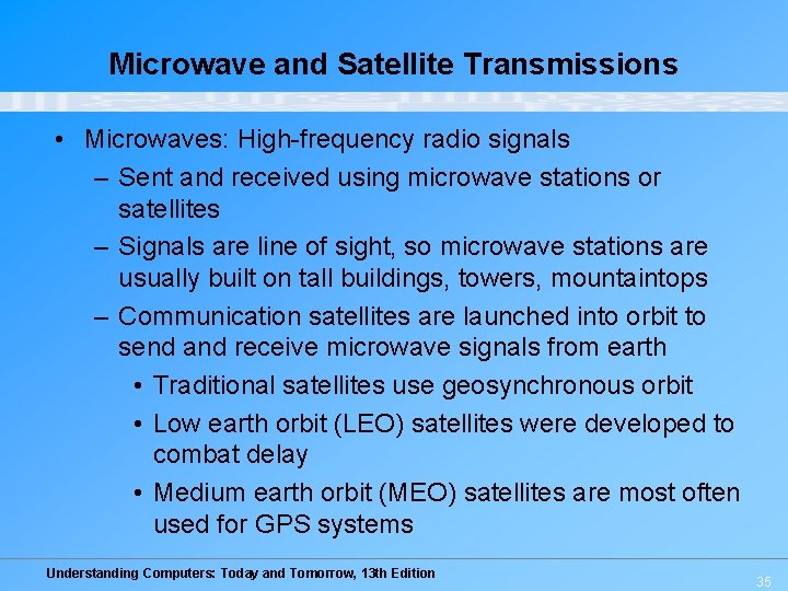 Microwave and Satellite Transmissions • Microwaves: High-frequency radio signals – Sent and received using