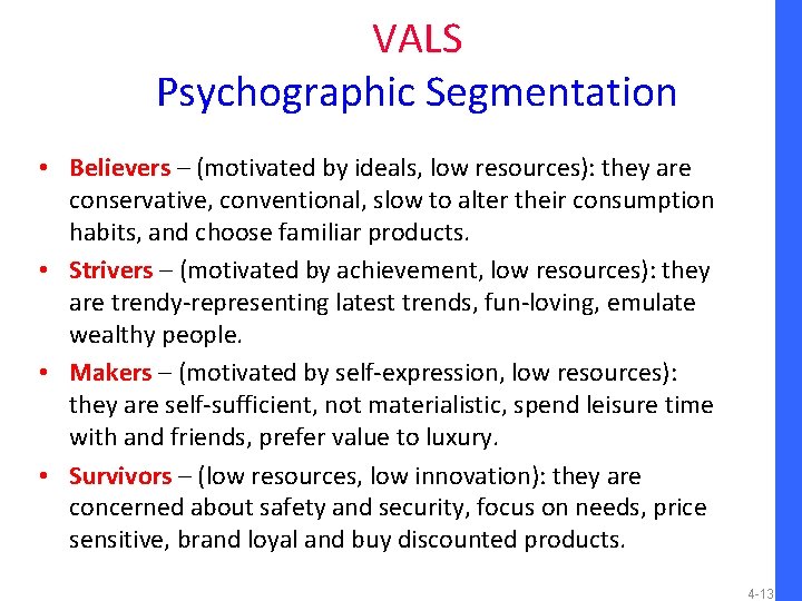 VALS Psychographic Segmentation • Believers – (motivated by ideals, low resources): they are conservative,