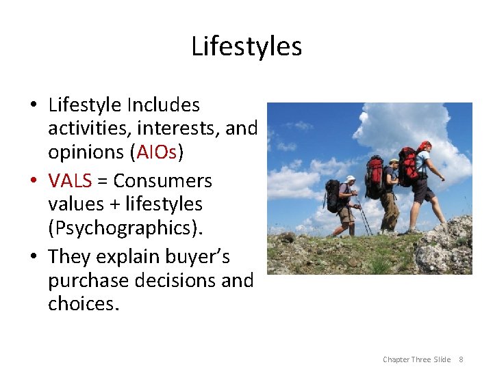Lifestyles • Lifestyle Includes activities, interests, and opinions (AIOs) • VALS = Consumers values