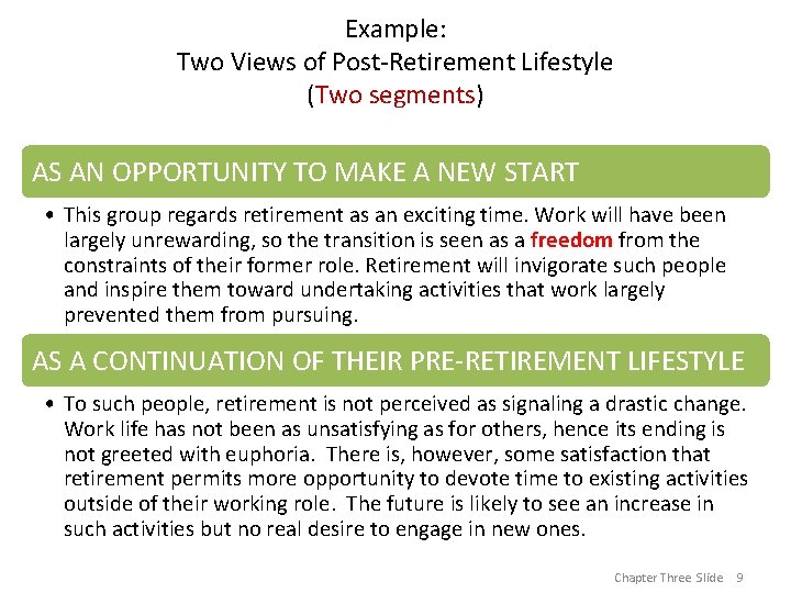 Example: Two Views of Post-Retirement Lifestyle (Two segments) AS AN OPPORTUNITY TO MAKE A