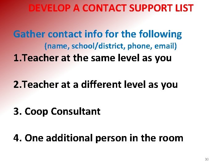 DEVELOP A CONTACT SUPPORT LIST Gather contact info for the following (name, school/district, phone,