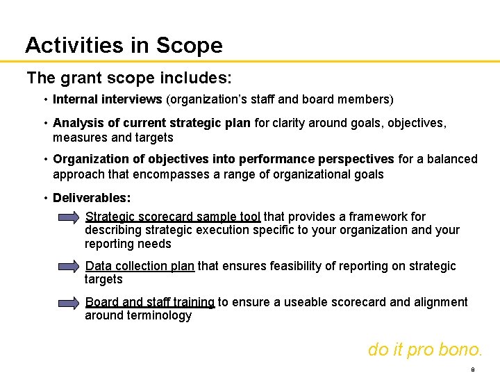Activities in Scope The grant scope includes: • Internal interviews (organization’s staff and board