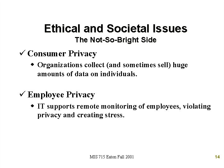 Ethical and Societal Issues The Not-So-Bright Side ü Consumer Privacy w Organizations collect (and