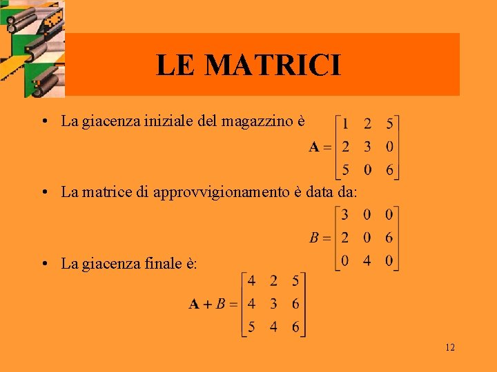 LE MATRICI • La giacenza iniziale del magazzino è • La matrice di approvvigionamento LE MATRICI • La giacenza iniziale del magazzino è • La matrice di approvvigionamento