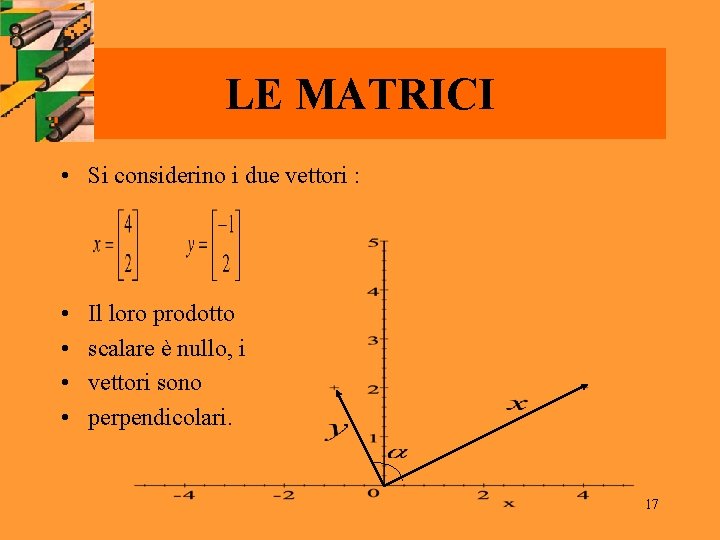 LE MATRICI • Si considerino i due vettori : • • Il loro prodotto LE MATRICI • Si considerino i due vettori : • • Il loro prodotto