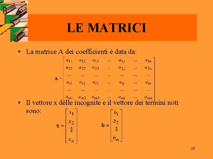 LE MATRICI • La matrice A dei coefficienti è data da: • Il vettore