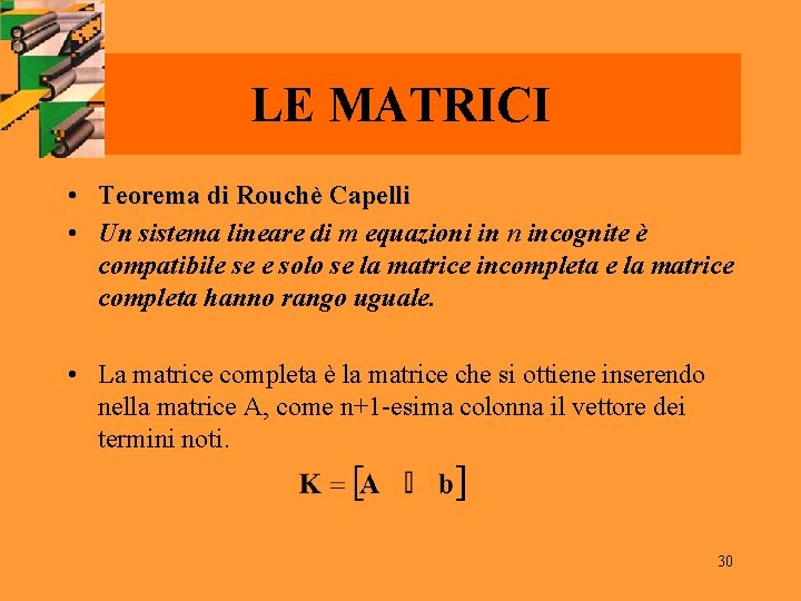 LE MATRICI • Teorema di Rouchè Capelli • Un sistema lineare di m equazioni