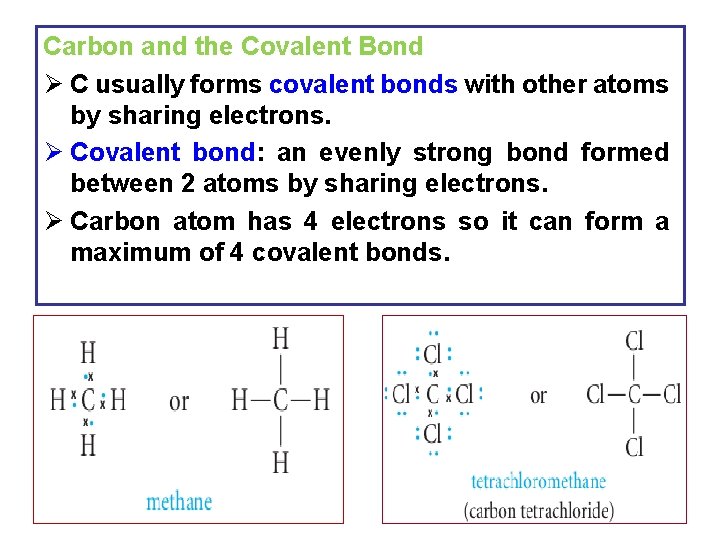 Carbon and the Covalent Bond Ø C usually forms covalent bonds with other atoms