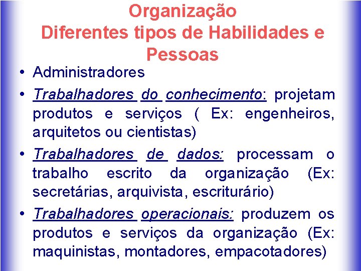 Organização Diferentes tipos de Habilidades e Pessoas • Administradores • Trabalhadores do conhecimento: projetam