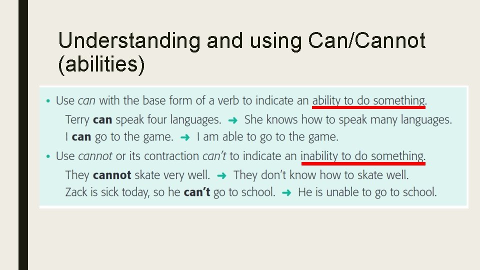 Understanding and using Can/Cannot (abilities) 