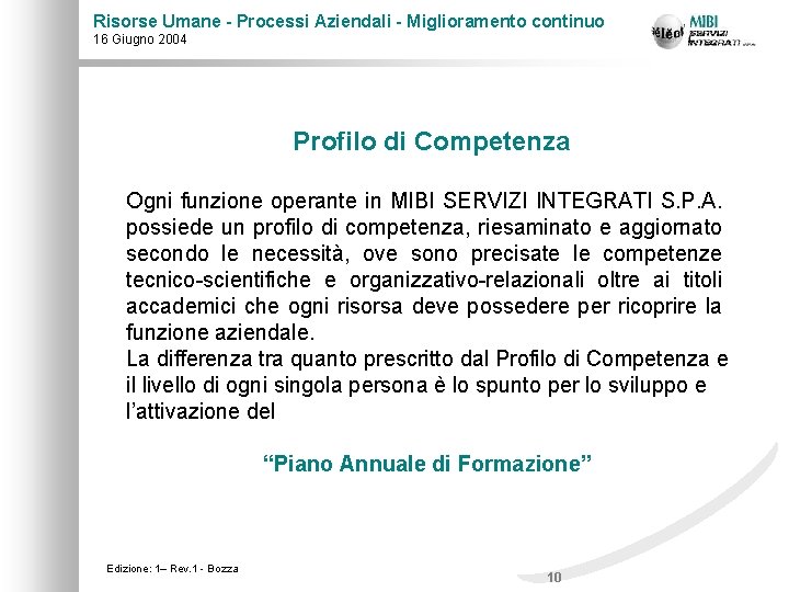 Risorse Umane - Processi Aziendali - Miglioramento continuo 16 Giugno 2004 Profilo di Competenza