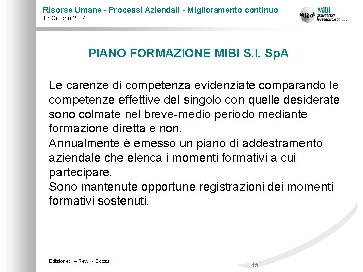 Risorse Umane - Processi Aziendali - Miglioramento continuo 16 Giugno 2004 PIANO FORMAZIONE MIBI
