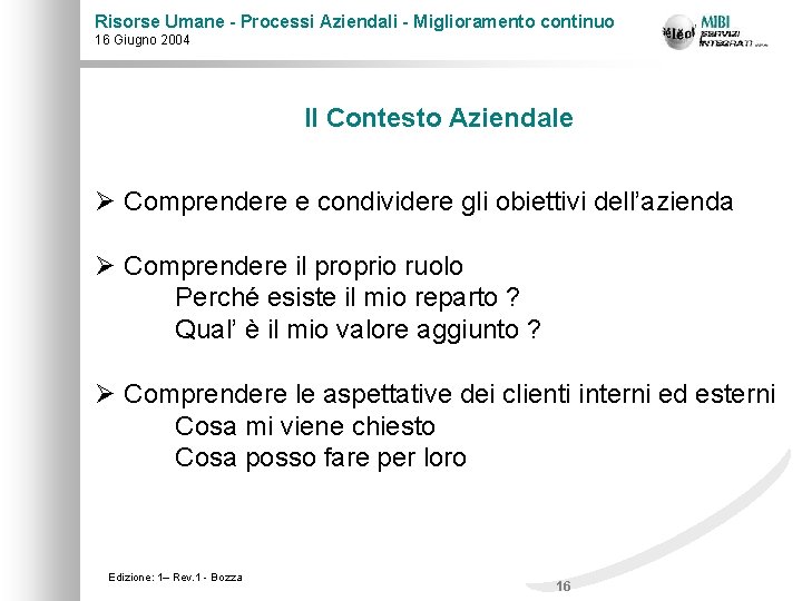 Risorse Umane - Processi Aziendali - Miglioramento continuo 16 Giugno 2004 Il Contesto Aziendale