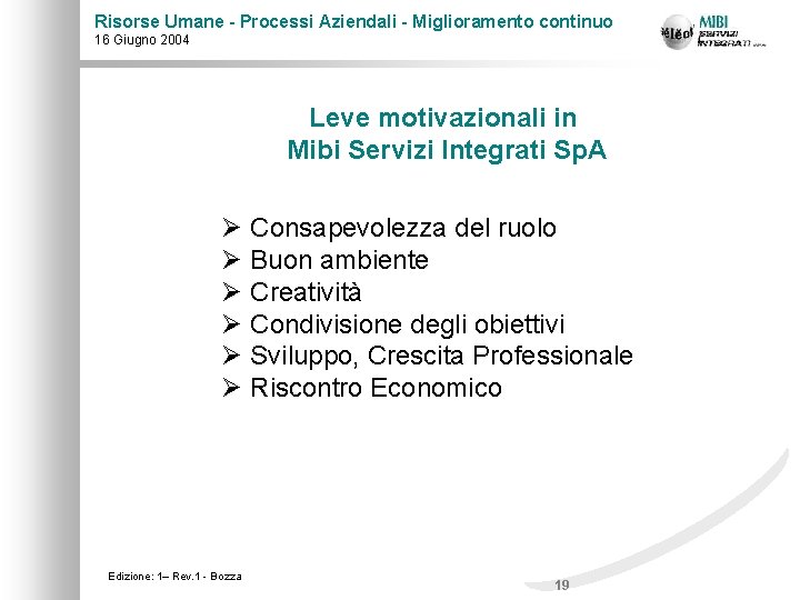 Risorse Umane - Processi Aziendali - Miglioramento continuo 16 Giugno 2004 Leve motivazionali in