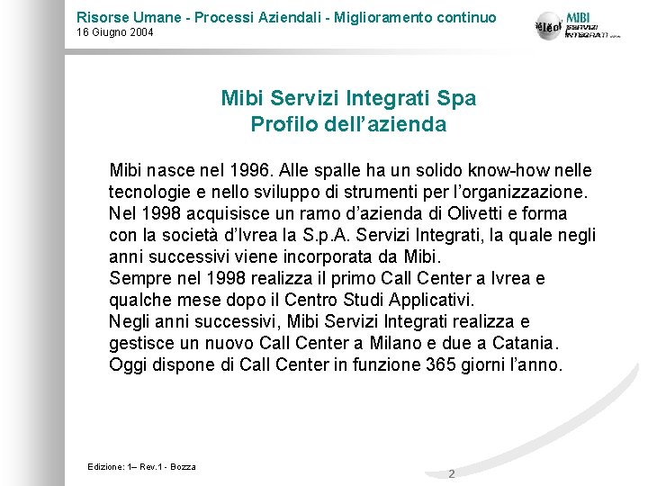 Risorse Umane - Processi Aziendali - Miglioramento continuo 16 Giugno 2004 Mibi Servizi Integrati