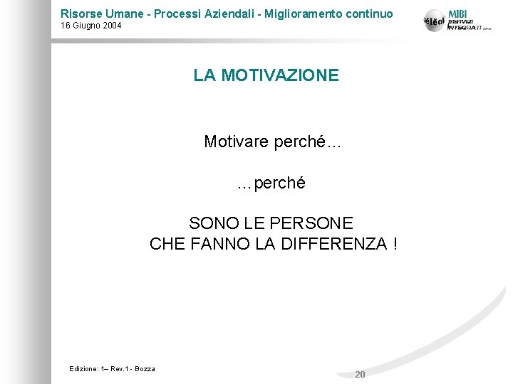 Risorse Umane - Processi Aziendali - Miglioramento continuo 16 Giugno 2004 LA MOTIVAZIONE Motivare