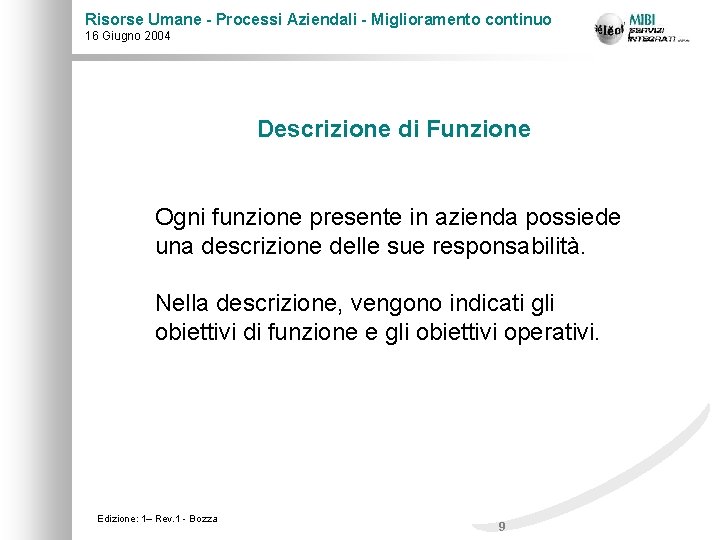 Risorse Umane - Processi Aziendali - Miglioramento continuo 16 Giugno 2004 Descrizione di Funzione