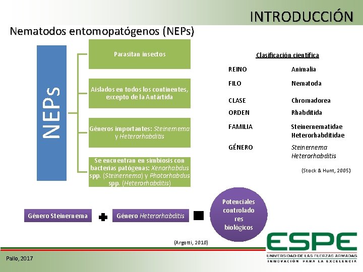 INTRODUCCIÓN Nematodos entomopatógenos (NEPs) NEPs Parasitan insectos Clasificación científica Aislados en todos los continentes,