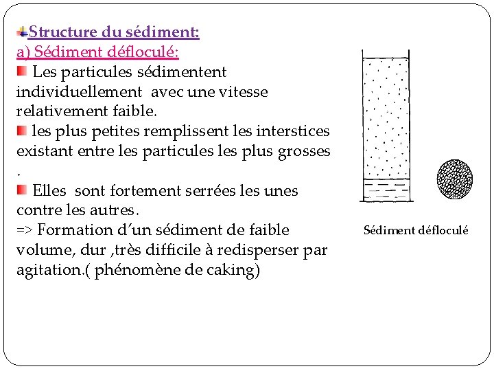 Structure du sédiment: a) Sédiment défloculé: Les particules sédimentent individuellement avec une vitesse relativement Structure du sédiment: a) Sédiment défloculé: Les particules sédimentent individuellement avec une vitesse relativement