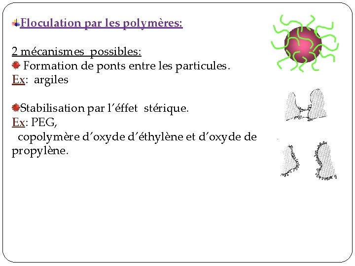 Floculation par les polymères: 2 mécanismes possibles: Formation de ponts entre les particules. Ex: Floculation par les polymères: 2 mécanismes possibles: Formation de ponts entre les particules. Ex: