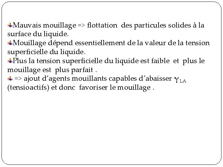 Mauvais mouillage => flottation des particules solides à la surface du liquide. Mouillage dépend Mauvais mouillage => flottation des particules solides à la surface du liquide. Mouillage dépend