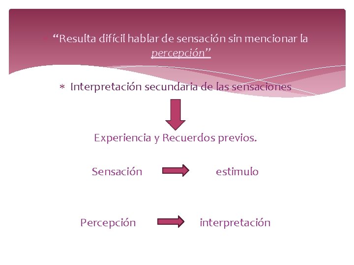 “Resulta difícil hablar de sensación sin mencionar la percepción” Interpretación secundaria de las “Resulta difícil hablar de sensación sin mencionar la percepción” Interpretación secundaria de las