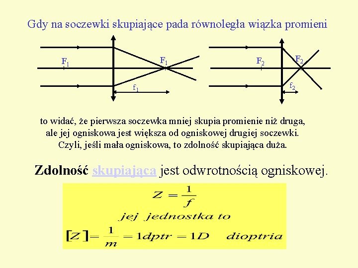 Gdy na soczewki skupiające pada równoległa wiązka promieni F 1 f 1 F 2