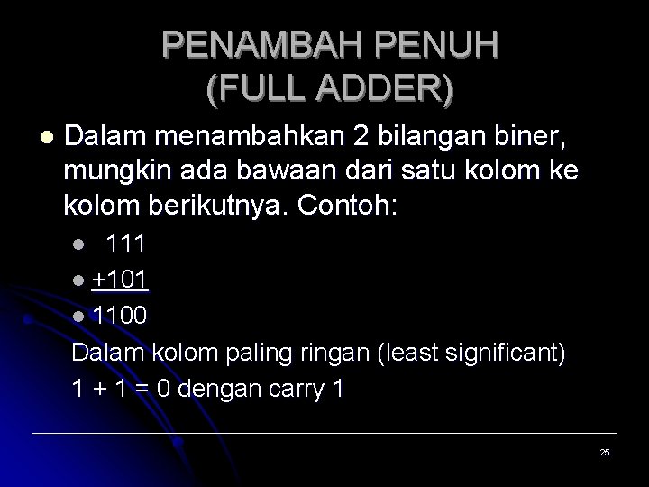 PENAMBAH PENUH (FULL ADDER) l Dalam menambahkan 2 bilangan biner, mungkin ada bawaan dari