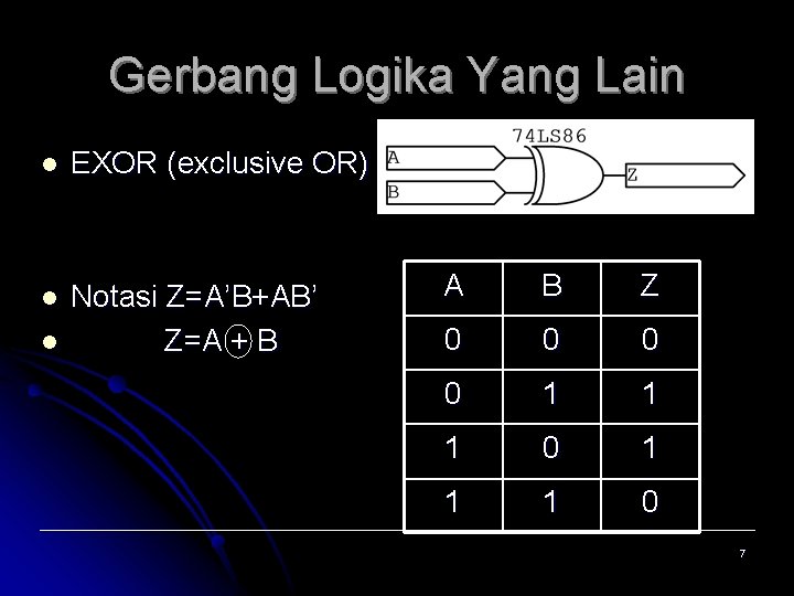 Gerbang Logika Yang Lain l EXOR (exclusive OR) l Notasi Z=A’B+AB’ Z=A + B