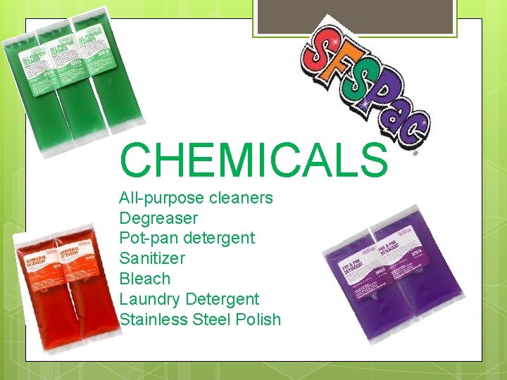 CHEMICALS All-purpose cleaners Degreaser Pot-pan detergent Sanitizer Bleach Laundry Detergent Stainless Steel Polish 