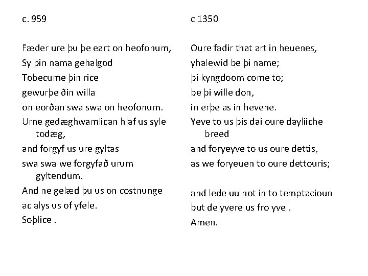 c. 959 c 1350 Fæder ure þu þe eart on heofonum, Sy þin nama