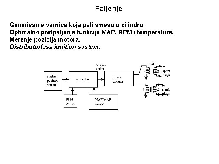 Paljenje Generisanje varnice koja pali smešu u cilindru. Optimalno pretpaljenje funkcija MAP, RPM i