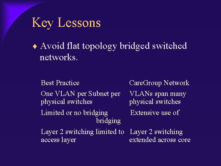 Key Lessons Avoid flat topology bridged switched networks. Best Practice Care. Group Network One