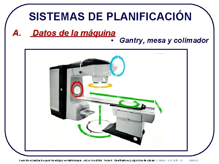 SISTEMAS DE PLANIFICACIÓN A. Datos de la máquina • Gantry, mesa y colimador Curso