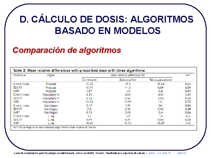D. CÁLCULO DE DOSIS: ALGORITMOS BASADO EN MODELOS Comparación de algoritmos Curso de Actualización
