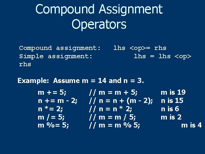 Compound Assignment Operators Compound assignment: Simple assignment: rhs lhs <op>= rhs lhs = lhs