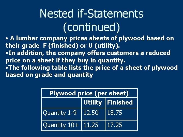 Nested if-Statements (continued) • A lumber company prices sheets of plywood based on their