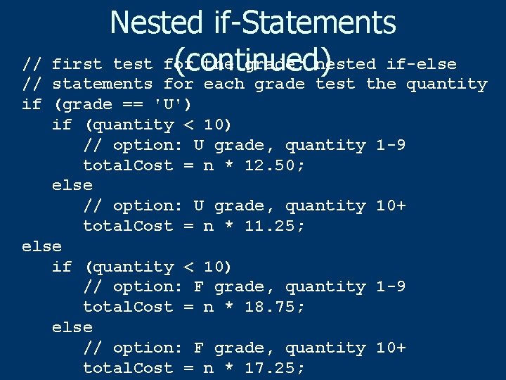 Nested if-Statements first test for the grade; nested if-else (continued) // // statements for